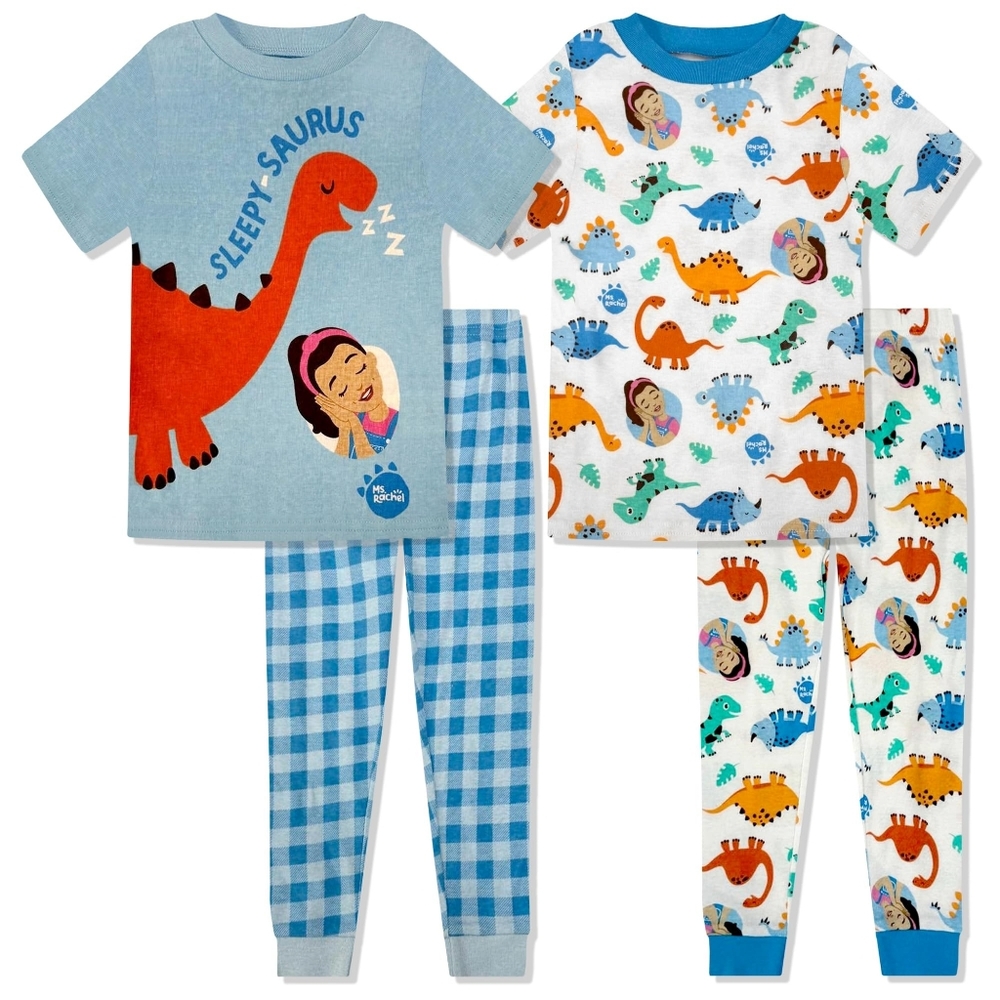 Acorn Miss Rachel Sleepy Saurus Kids Pajamas in Blue and Orange 4 Piece Set
